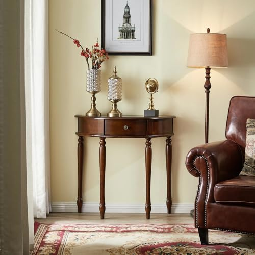 TUPAFJU Console Demi-Lune en Bois Massif avec tiroir, idéale pour l'entrée, Le Salon, Le Hall ou Le Couloir. Table d'appoint Traditionnelle(Walnut,100cm/39.3in)