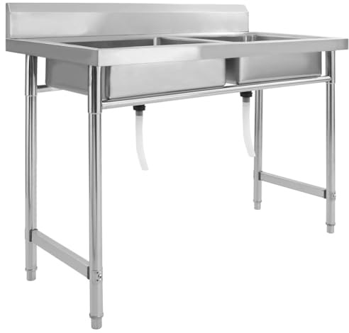 Ziaphsol Évier de cuisine double vasque en acier inoxydable - 120 x 60 x 85 cm - Évier sous-meuble avec rebord - 2 canalisations et panier - Pour cuisine, plan de travail et camping
