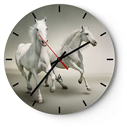 Modern Wanduhr Tiere Araber Pferd Bauernhof 40x40cm Rund Groß Wand Uhr Glas Analog Zimmeruhren Küche Büro Wohnzimmer Glasuhr Wall Clock Dekoration Design Wanddekoration Küchenuhr C3AR40x40-2387