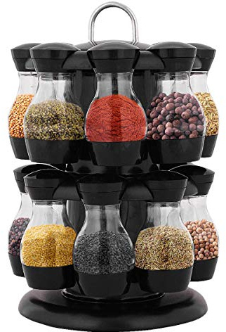 COSTWAY Support à Epices Carrousel, 2 Etages avec 16 Pots à Epices Plastique ABS, pour Cuisine Noir