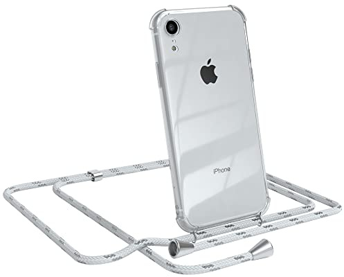 EAZY CASE Handykette kompatibel mit iPhone XR Handyhülle mit Umhängeband, Handykordel mit Schutzhülle, Silikonhülle, Hülle mit Band, Stylische Kette für Smartphones, Weiß/Silber