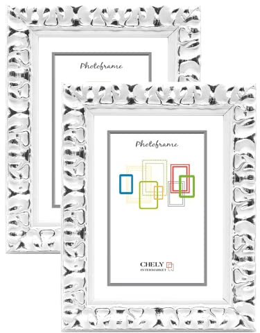 CHELY INTERMARKET | 27B2F | Marco de foto 18x24cm Blanco-Platead (x2Unds) Mod-217| Estilo Barroco | Marco de madera para Decoración de Casa | Fotografías de Boda.(217-18x24*2-0,55)