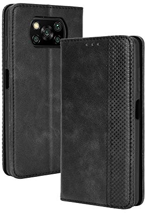 HAOTIAN Leder Hülle für Xiaomi Poco X3 NFC/Poco X3 Pro Hülle, Premium PU/TPU Leder Folio Hülle Schutzhülle Handyhülle, Flip Case Klapphülle Lederhülle mit Standfunktion & Kartensteckplätzen, Schwarz