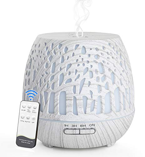 Simpeak Aroma Diffuser 400ml, Ultraschall Raum Diffuser Holz für ätherische Öle, Aromatherapie Düfte Luftbefeuchter mit Fernbedienung - Geschnitztes Wald, Weiße