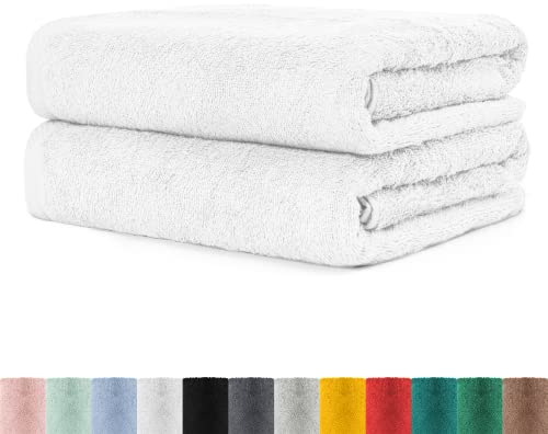 BaSaTex - 2er Set XXL Saunatuch Baumwolle in 80x200 cm - Saunahandtuch Badetuch aus hochwertigem Frottee mit Aufhängeschlaufe - Großes Strandtuch Öko-Tex Made in Green Zertifiziert - Weiß