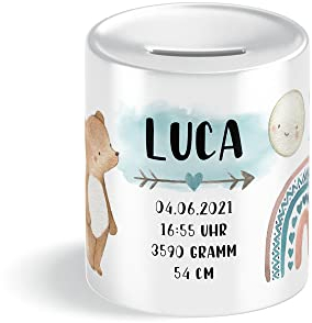 Bär Geburts-Daten Kinder-Spardose für Jungen mit Namen personalisiert zur Einschulung Taufe Geburtstag Geburt Sparschwein Geldgeschenk Kinderspardose