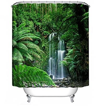 Tropical Jungle Rainforest Shower Curtain, Green Palms Tree Nature Landscape Waterfall Scenery Polyester Fabric Bathroom Decor, 180 x 180 cm