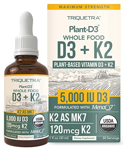 Organic Plant D3 + K2 (5000 iu D3) - All-Trans MK7 from MenaQ7 (120 mcg K2) - 100% Organic & Plant-Based Sublingual D3 Drops (Cholecalciferol), 100% Vegan - Supports Immunity, Bone(1oz)
