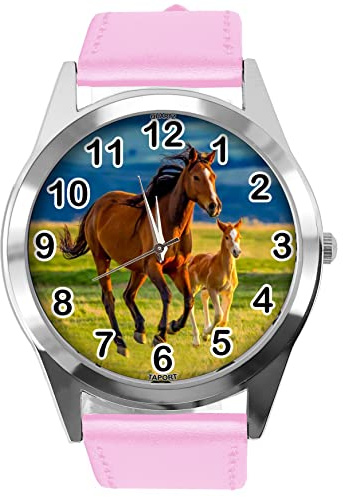 TAPORT Pink Leather Round Watch for Horse Fans E5