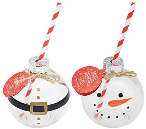 Set of 2 Christmas Character Glass Bauble Drinking Glass with Paper Straw and Punch Recipe