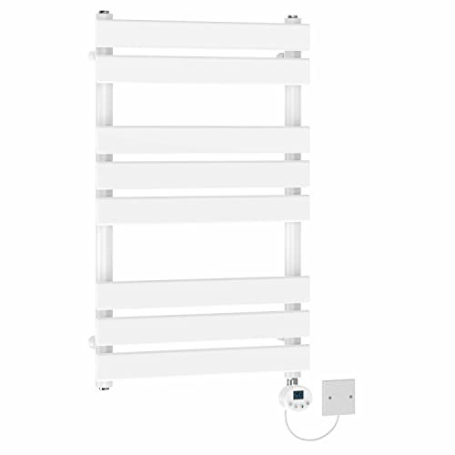 NRG Pre-Filled Electric Heated Towel Rail Thermostatic Radiator Designer Bathroom Flat Ladder Rad Wall Mounted 800x500mm White 400W