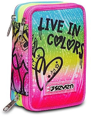 Seven Federmäppchen, Mäppchen, mehrfarbig, Federtasche für Schreibwaren, Etui komplett mit Bleistiften, Filzstiften, Schulmaterial, mit 3 Fächern, Mädchen, Schule - Grundschule, XXL rosa gelb