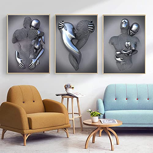 3D Metallfigur Statue Kunst Liebe Herz Kuss Bilder Wandkunst Wohnzimmer Wanddekoration - Ohne Rahmen (Poster-01,40X50cm*3)