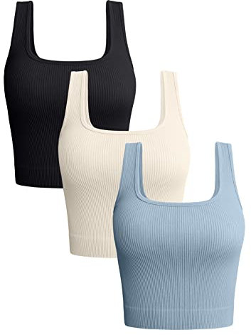 OQQ Damen 3-teiliges Tank-Top, gerippt, nahtlos, Workout-Shirts, Yoga, Bauchfreies Top, Schwarz, Beige, Blau, Groß
