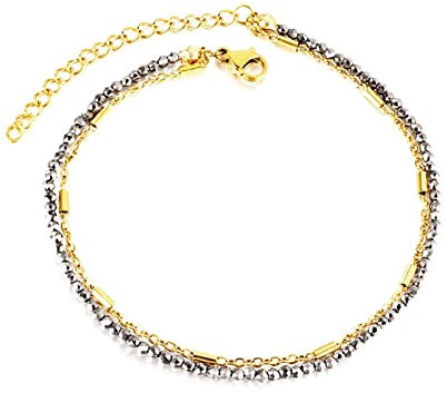 Daesar Fußkettchen Edelstahl, Fußkette Damen 2-Layer Bead-Kette Gliederkette, Fussketten Bicolor 26CM Fußkettchen Nickelfrei