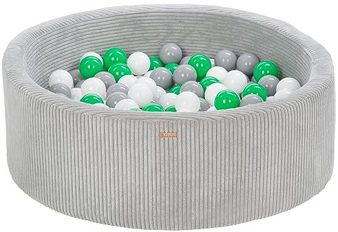 Piscina con 200 palline colorate rotonda 90cm velluto a coste bambino gioco (Colore piscina/palline: grigio/bianco, grigio, verde chiaro)