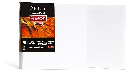 Elan Tela per Dipingere 20x20, Set da 12 Tele per Dipingere Cotone 100%, Panneli in Tela, Cartone Telato per Dipingere, Tela Pittura, Tele Dipingere, Telo Bianco Cotone, Canvas piccoli, Tele Bianche
