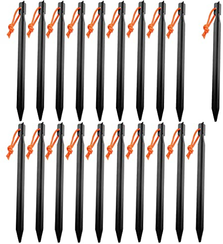 Camping Heringe Schwarz, 20 Stück Zeltheringe Aluminiumlegierung mit Kordelzug,Metall Heringe Erdnägel für Camping, Reisen, Wandern