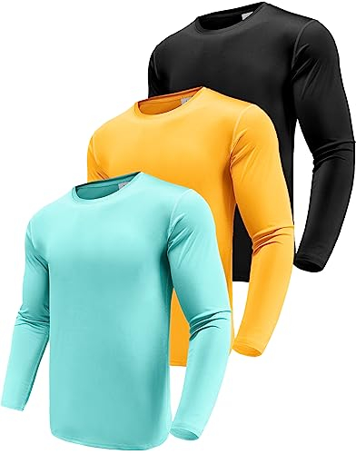 Herren 3er Pack Langarmshirt T-Shirts, UPF 50+ UV Schnelltrocknend Funktionsshirt Laufshirts, Atmungsaktiv Langarm Sportshirt Gym Shirt Outdoor Workout Fitness Oberteil Black/Yellow/Mint Green-3P08-XL