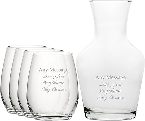 Personalised Engraved Set of 4 Stemless Wine Glass and 1 Litre Vin Carafe Set, Customise with Any Message for Any Occasion, Stylize from a Variety of Fonts, Gift Boxes Included, Laser Engraved