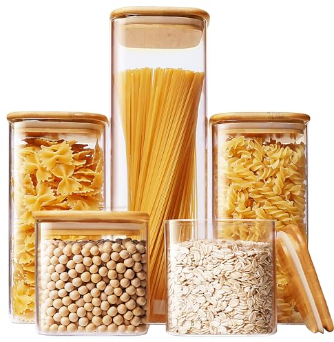 HomArtist Square Glass Jars with Bamboo Lids [Muti Size Set of 5], Glass Canisters with Airtight Lids, Glass Food Storage Containers for Pasta, Cereal, Flour, Sugar, Best for Kitchen & Pantry