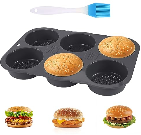 Les-Theresa Molde de silicona para hamburguesas de 4/6 cavidades, molde reutilizable para panecillos de hamburguesas, molde de pan perforado antiadherente para microondas, horno, nevera y lavavajillas