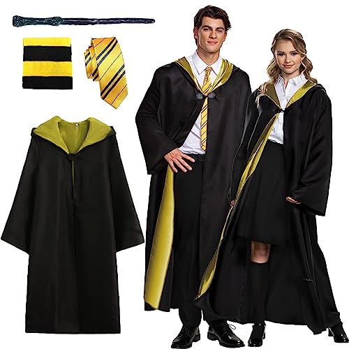 Kitimi Magic Robe, Umhang, 4PCS Zauberer Cosplay Kostüm für Erwachsene, with Cape, Magic Wand, Glasses, Scarf, Tie, Halloween Wizard Costume for Cosplay, Carnival, Fancy Dress.