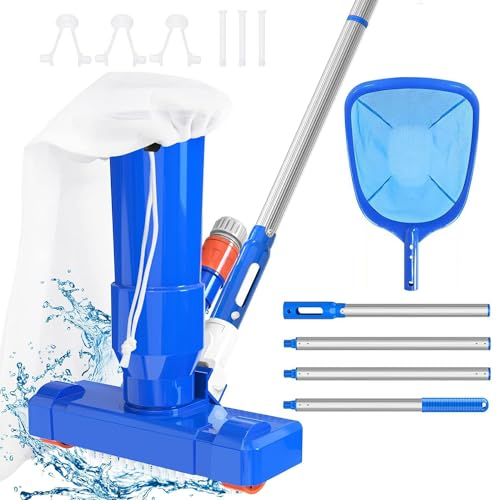 RXXR Aspirateur de piscine portatif avec brosse et filet - Ensemble d'épuisette de piscine avec section à 4 poteaux de 160 cm - Kit de nettoyage de piscine hors sol (nettoyeur à jet de piscine)