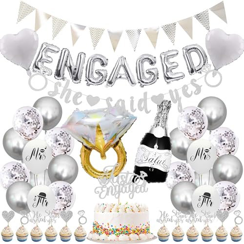 Engagement Decorations, Silver ENGAGED Balloons Banner She Said Yes Banner Triangle Bunting Garland Diamond Ring Foil Balloon Cake Toppers Printed Balloons for Wedding Engagement Party Bridal Shower