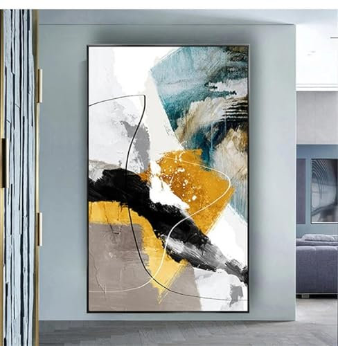 HOLEILUCK Tableau moderne sur toile - Peinture à l'huile abstraite - Texture dorée - Art mural pour salon - Décoration murale d'hôtel - 90 x 120 cm - Avec cadre noir
