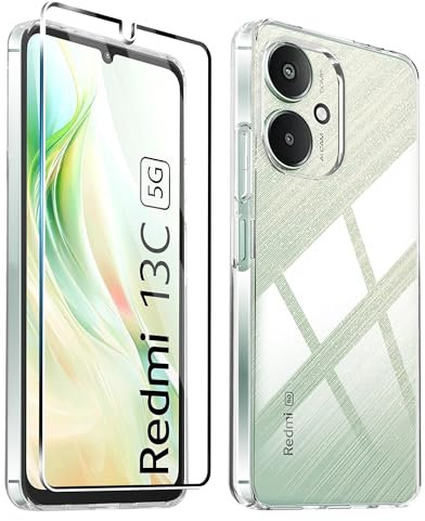 zZjoOoj Coque compatible avec Xiaomi Redmi 13C 5G + 1 film de protection d'écran en verre trempé, silicone TPU de qualité supérieure (transparent)
