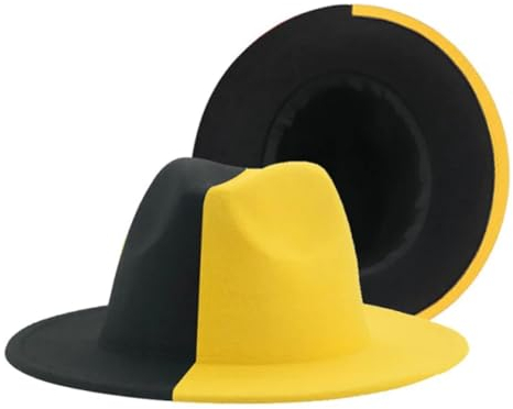 FULUJIDI Bucket Hat Hut Männer Frauen Zwei Farbe Passenden Tuch Filz Hut Warme Party Kleid Mode Flache Krempe Jazz Top Kappe 56-58 cm Schwarzgelb