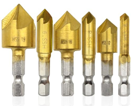 Ruidee 6 Pezzi Punta Trapano Svasatore Titanio Rivestito in Hss Gradi Svasatori Conici Con Codolo Esagonale e Smussatura a 90°Punte per Svasatore Hss Svasatore per Metallo Legno(ZT-6)