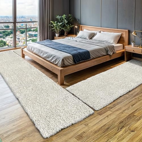 MY-RUG Bettumrandung Schlafzimmer 3teilig Teppich Weiß - 2mal 140x70 und 1mal 300x80cm - Bettvorleger rutschfest Läufer Hochflor Deko