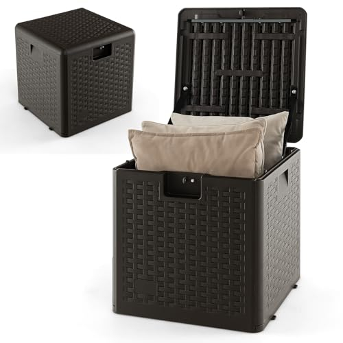 HOMASIS 106L Auflagenbox wetterfest, Gartenbox aus HDPE-Rattan, Aufbewahrungsbox mit Deckel & Griffen, abschließbar Gartenschrank, Kissenbox Auflagentruhe Gartentruhe Outdoor, 52x51x51 cm, Braun