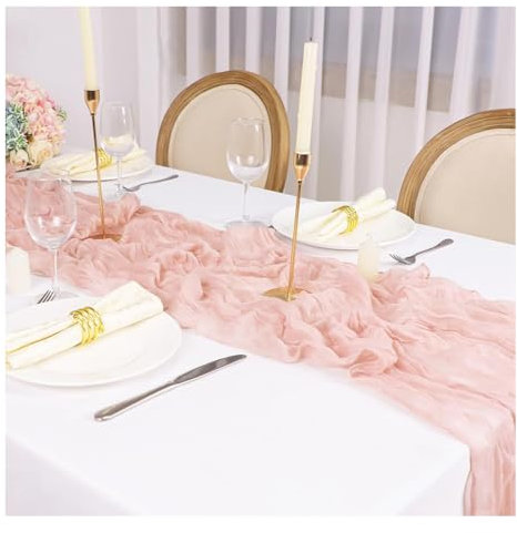 Bieiyhe Käsetuch Tischläufer Rosa 90x300 cm - Musselin Boho Chiffon Gaze Rustikaler Dekostoff für Hochzeit, Taufe, Küche, Geburtstagsparty