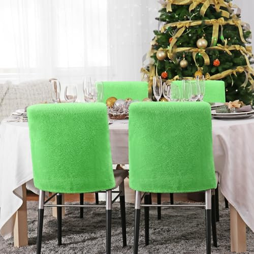 HunnmingRe Stuhlhussen mit Weihnachtsmotiv, luxuriös, Plüsch, Grün, 4 Stück, für Weihnachten, Esszimmer, Küche, Urlaub, Party, Heimdekoration