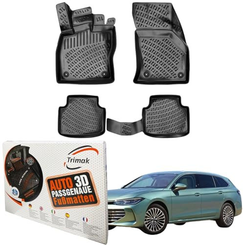 Trimak Passgenau 3D Fussmatten Auto Kompatibel mit VW Passat B9 ab 2024 Auto Zubehör 1. und 2. Reihe Gummimatten Autos TPE Allwetter Geruchlos rutschfest Vorne & Hinten Schwarz