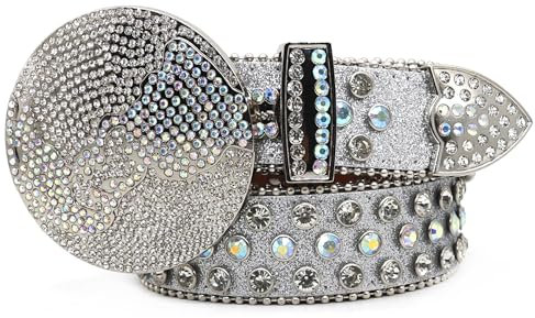 Elaineeu Gürtel für Herren und Damen, Diamant-Nieten, Taillengürtel mit Erdschnalle voller Diamanten, Punk, silber, 105x3.8cm