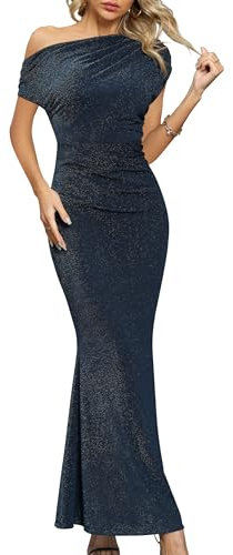 Missufe Hochzeit Lang Festlich Meerjungfrau Abendkleid Damen Cocktailkleid Ballkleid Elegant Maxi Bodycon One Shoulder Kleider (Marineblau, groß)