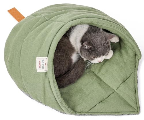 TANGN Cat Sleeping Bag,Linen Fabric Cat Bed Cave Leaf Nest Pet Cuddle Zone Covered Hide Hood Burrowing Cozy Soft Durable Washable with Non-Slip Bottom for Indoor Puppy and Kitten (Green with Support)