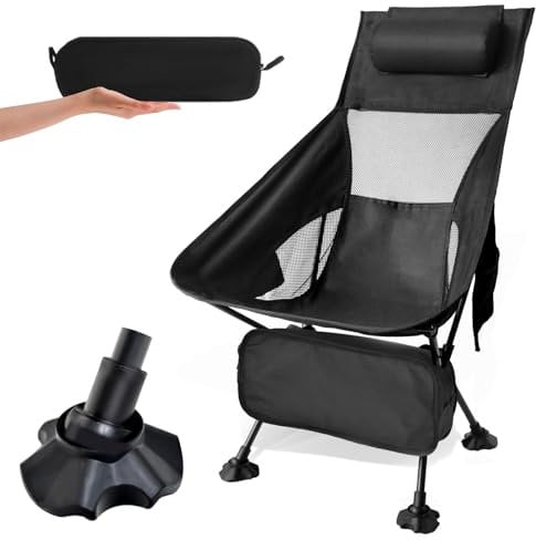 Campingstuhl Faltbar Klein 120kg,Ultraleicht Mini Camping Stuhl Kompakt und Froschfüße,Mit Seitentaschen und Kopfstützen,Stuhl mit Hohem Rücken,Zum Angeln im Freien/Wandern(Hoher Rücken, Schwarz)