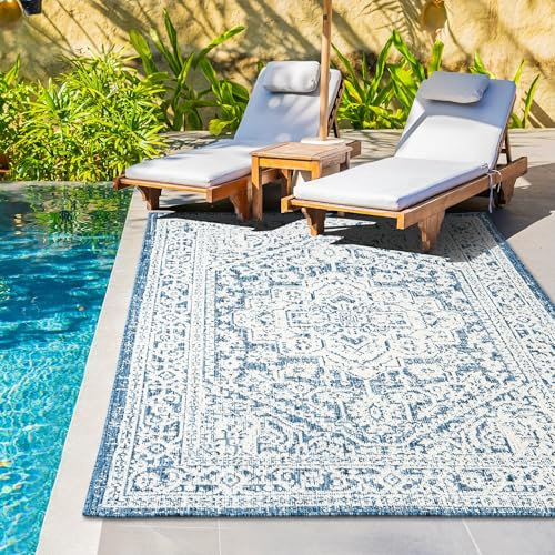 Montella Outdoor Rugs – Durable Artistry Soft Rugs for Patio, Balcony, Garden, Deck, Camping, Picnic – UV & Weather-Resistant – Easy to Clean – Polypropylene (Elegance Medal - Blue/Cream, 180x270)