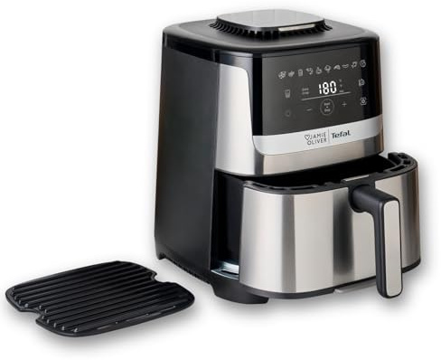 Jamie Oliver by Tefal Easy Fry Silence Deluxe Heißluftfritteuse, sehr leise, 10 voreingestellte Programme, digitaler Touchscreen, 5 l, inkl. Druckguss-Gitterrost + Deckel, Schwarz/Edelstahl, EY55JDE0