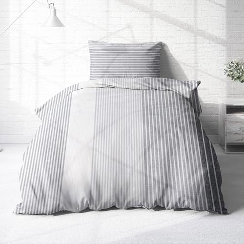 Träumschön Premium Bettwäsche 135x200 + 80x80 cm - Grau Gestreifts Design - Sommer Bettwäsche aus Baumwolle – Weich, Atmungsaktiv & Hautfreundlich - bügelfrei
