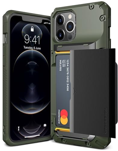 VRS DESIGN Damda Glide Pro Handyhülle für iPhone 12 Pro Max, mit [4 Karten], hochwertig, stabil, halbautomatisch, Kreditkartenschlitz, Brieftasche für iPhone 12 Pro Max 6,7 Zoll (2020), Logo, Grün