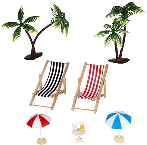 HEMOBLLO Miniatur Strand Deko Set Mit Resin LiegestüHlen Runden Tisch Und Sonnenschirm FüR Puppenhaus Garten Dekoration Wasserdicht Und Langlebig
