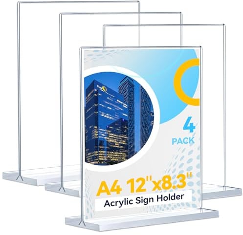 Lot de 4 présentoirs de table, format A4, transparents, en acrylique, pour restaurants, bureaux, stands d'exposition, commerce de détail, écoles, mariages, halls