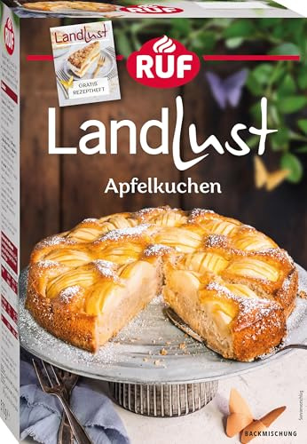 RUF Landlust Apfelkuchen Backmischung, Dinkel-Apfelkuchen mit versunkenen Äpfeln, Streuselboden & feiner Aprikosensoße, inkl. Rezeptheft, traditionell & schnell zubereitet