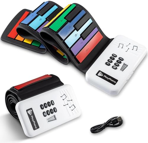 GROWNEER 49 Tasten Rollpiano 75x16x1.97cm Aufrollbare Klaviertastatur Tragbar 8 Töne 6 Pädagogische Demo Wiederaufladbar Flexibel Faltbarelektronische Musiktastatur für Kinder und Erwachsene